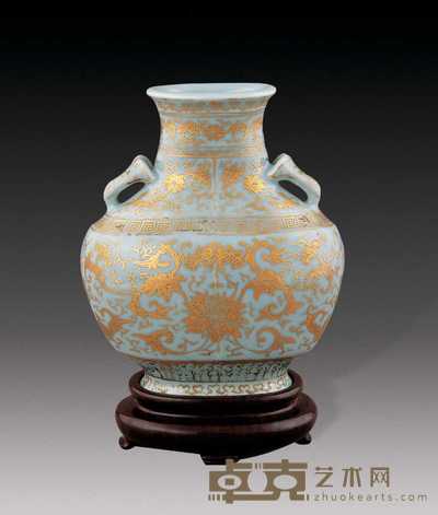 清 蓝釉描金双耳小尊 高11.5cm